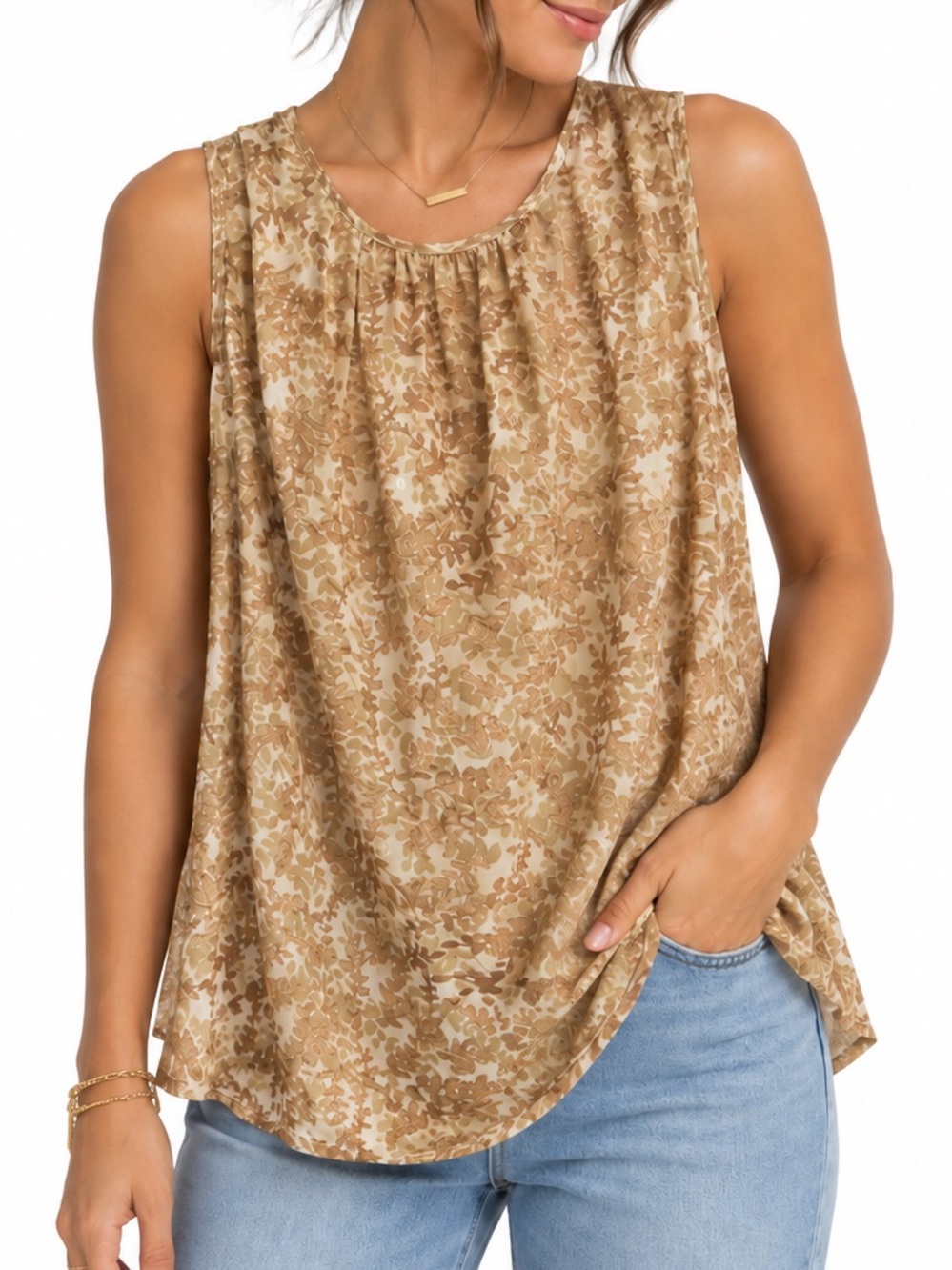 Isaac Mizrahi for Target Sheer Tan Floral Sleeveless Scoop Neck Top